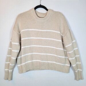 Quince Womens Organic Cotton Striped Crew Knit Sweater Size Medium Beige Preppy